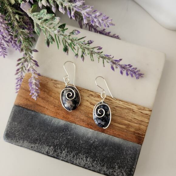 Blue Sodalite Stone Wire-wrapped Dangle Earrings / Minimalist Stone Earrings - Picture 6 of 11